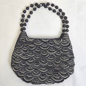 Vintage In's Small Scalloped Beaded Handbag, Formal Evening Clutch, Black Silver